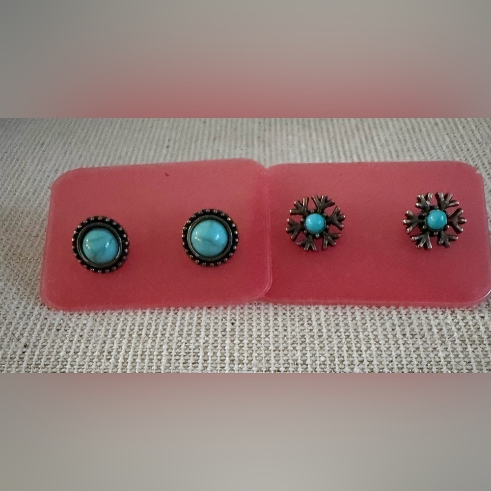 Turquoise Stone Stud Earrings Set - Round and Floral